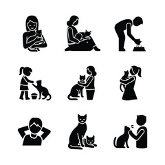 Cat care and ownership activities silhouette icons set with people and feline companions © ADURI