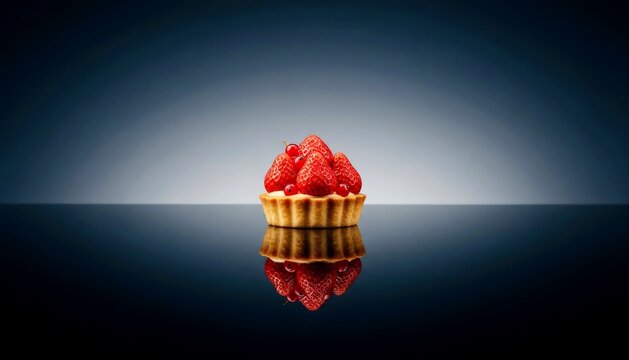 Strawberry tart with red currant on dark reflective surface. Sweet dessert pastry with fresh berry. Gourmet food photography for bakery advertisement and restaurant menu commercial.