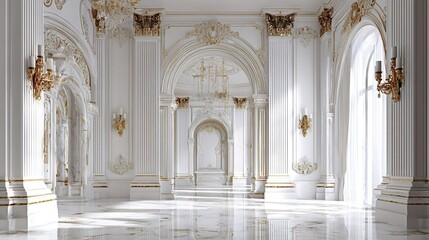 Fototapeta premium Luxurious marble palace hall with white and gold baroque ornamentation, soaring columns, arches, crystal chandeliers and tall windows with sheer curtains, empty and grand