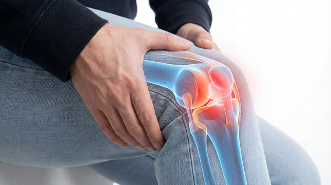 Visualization of a human knee joint anatomy showing bone structure and highlighting potential pain or injury