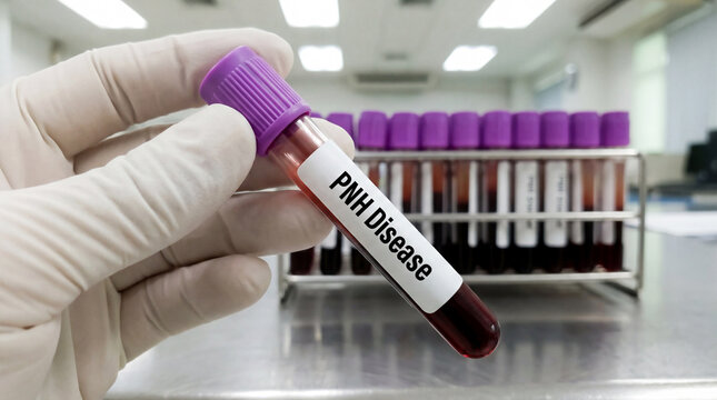 Gloved hand holds a blood test tube labeled 'PNH Disease' in a medical laboratory for PNH disease diagnosis
