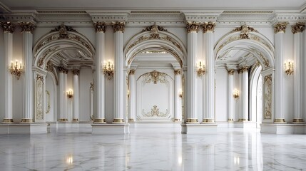 Fototapeta premium Empty neoclassical ballroom with ornate gold filigree, towering white pillars, grand arches and polished marble floor reflecting light for an elegant, opulent event space