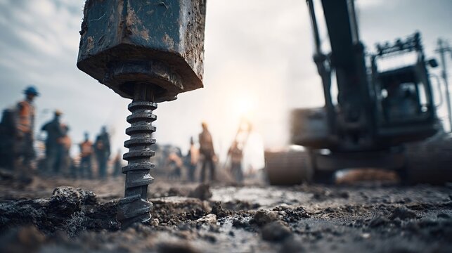 Heavy drill bit cutting into soil at a construction site, heavy equipment and workers blurred in the sunny background as an excavator powers foundation work and dusty progress