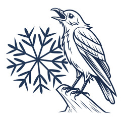 Fototapeta premium Bird perched on branch with snowflake in winter outline vector illustration