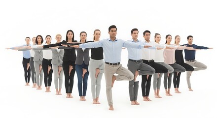 Obraz premium A group of diverse people practicing yoga in a studio with a white background