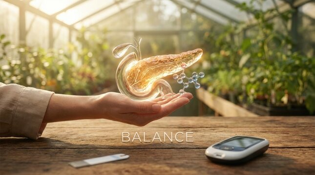 Metabolic health balance: pancreas organ, insulin hormone, glucose molecule, blood sugar, diabetes control, body wellness, medical science, health care.