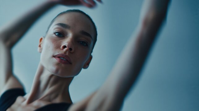 Elegant ballerina with freckles gracefully poses with arms raised in studio lighting