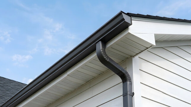 Modern residential gutter system installation | Dark brown metal rain downspout on white vinyl siding | Roof drainage and water management architecture | Home exterior maintenance and roofing