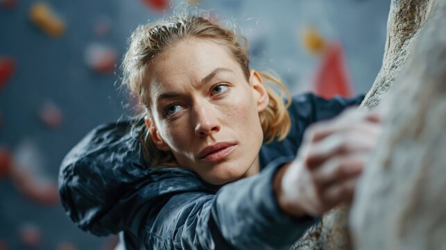 Woman climbing indoors with determination and focus on challenging rock wall