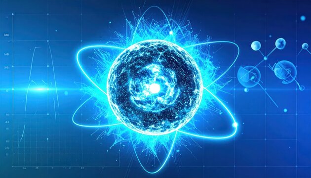 Abstract representation of an atom with glowing electrons orbiting a nucleus.