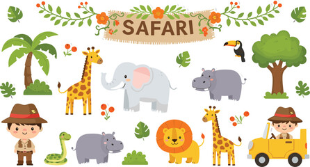 Naklejka premium Safari Adventure with Giraffes, Lions, Elephants, and Jungle Animals for Kids' Safari Party Designs