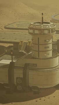 The scene shows a Mars base with multiple launch pads overlooking a dusty area. This structure appears to be part of human exploration on the planet. Dust swirls around the buildings.