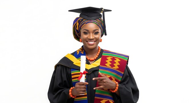 A young African woman proudly holding her diploma and wearing traditional graduation attire with colorful Kente cloth patterns.