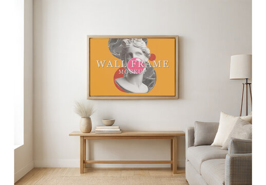 Wall Frame Mockup on Wooden Table for Branding and Commercial Use