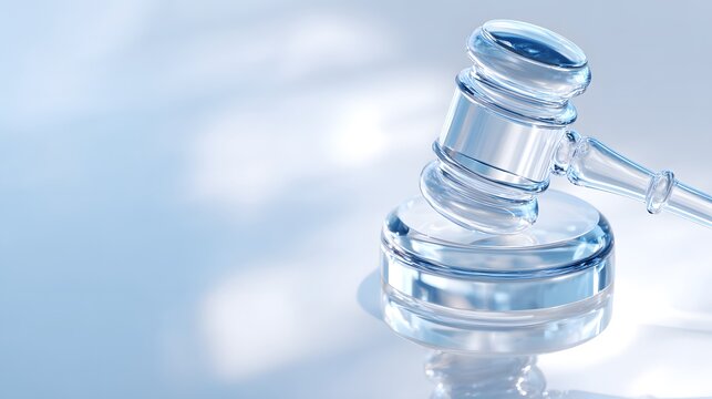 A glass gavel rests on a clear surface symbolizing modern justice concepts