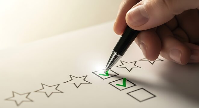 A hand holding a pen marks a rating on a star chart with green checkmarks.
