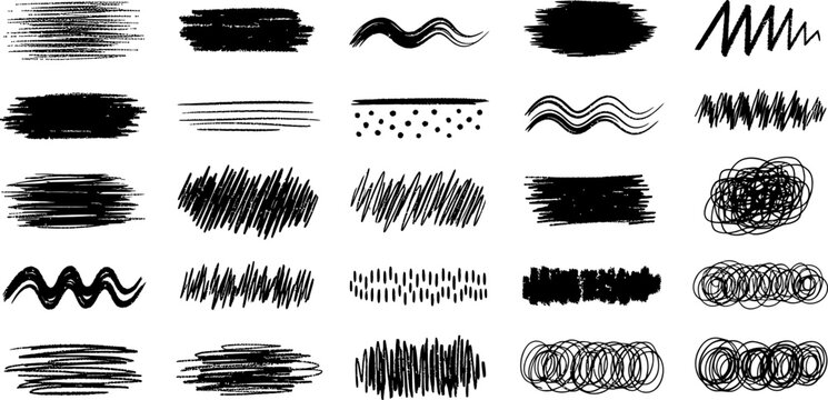 Diverse collection of black hand drawn scribbles and textures vector graphics