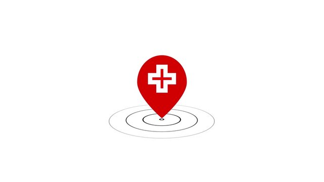 Animated 2D red location pin icon with a pulsating ripple signal for GPS navigation apps and digital map destination tracking on white background.