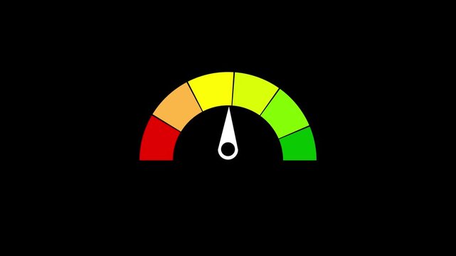 Animated Gauge Meter Moving to Red Zone. Different emotions art design from red to green. Abstract concept graphic element of tachometer, speedometer, motion grahpic transparent video 4k