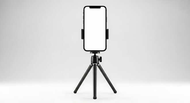 A smartphone mounted on a sleek black tripod stand against a plain background