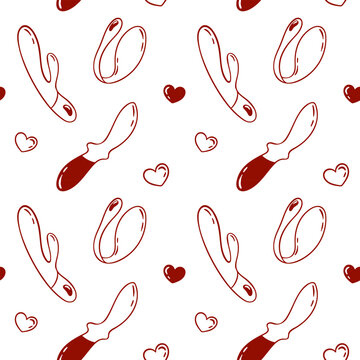 Simple red doodle pattern of a vibrator, adult toys for sex games, Repeating design for gift wrap or sex shop brand identity