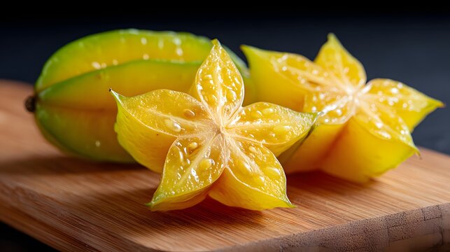Halved carambola displays its star-like inner structure and juicy pulp