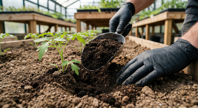 Gardener in black gloves planting a young tomato seedling in a greenhouse using a scoop of dark organic compost.