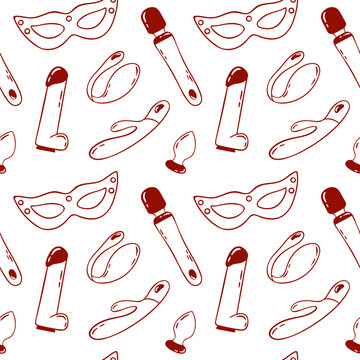 Red line pattern of of adult sex toys, simple doodle repeat, accessories for sex games, Minimalist design for sex shop