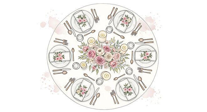 A beautifully set table with floral plates and utensils arranged around a central bouquet of flowers on a white tablecloth