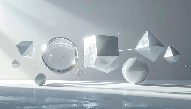 Abstract geometric composition representing quantum superposition with floating translucent glass spheres and shapes, visualizing complex physical states in a modern digital space.