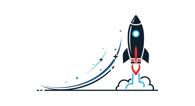 A rocket ship blasting off into space with a trail of flames and smoke