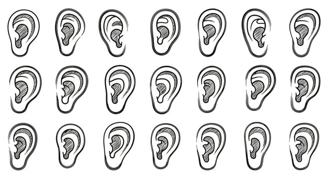 A set of black and white human ear illustrations in various orientations
