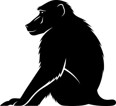 Stylized black silhouette vector illustration of a baboon sitting profile view