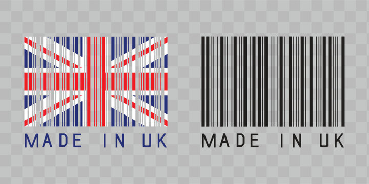 Made in UK Barcode Design with Flag and Monochrome Variations EPS Vector Transparent Background