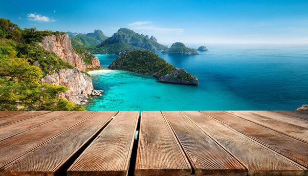 wooden tabletop overlooking rocky coastal cliffs and turquoise ocean bay