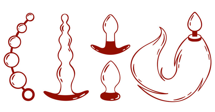 a set of types of butt plug, fox tail, beads, adult sex toy, accessories for anal sex games and bdsm, linear red icon, doodle and sketch style