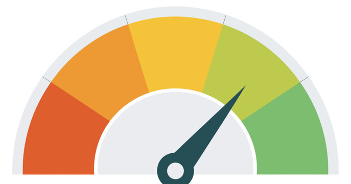Colorful gauge, needle pointing green zone good performance positive result meter indicator dashboard vector illustration set