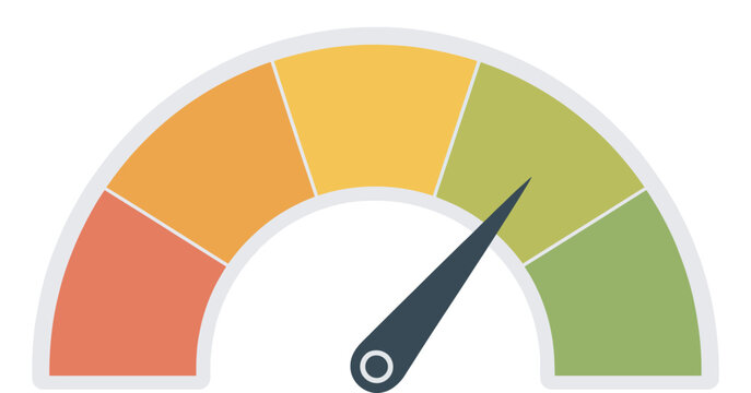 Colorful gauge, needle pointing green zone good performance positive result meter indicator dashboard vector illustration set