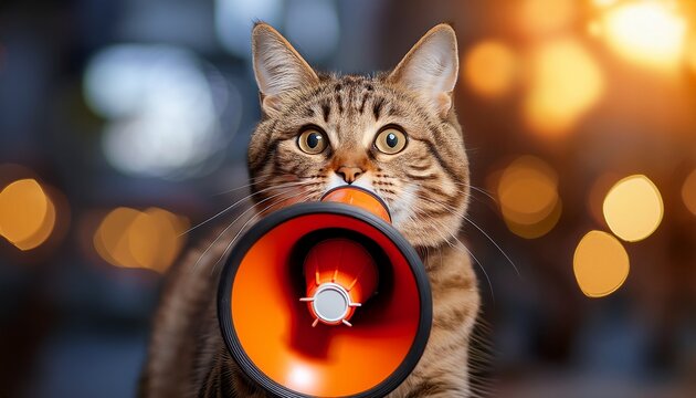 tabby cat holding an orange megaphone against soft bokeh background in playful pose