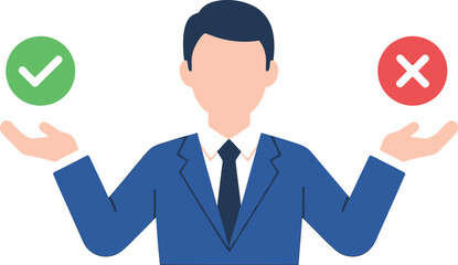 Man in suit choosing between yes and no options with decision incorrect selection judgment business thinking contrast evaluation weighing information analysis comparison approval © Star_Pixels11