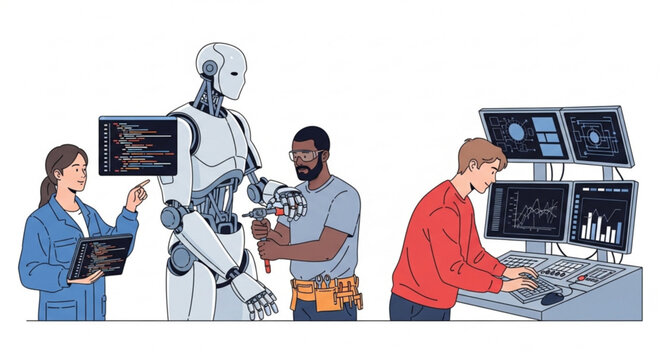 Synergistic human-robot collaboration in tech advancement; a diverse team of professionals programs, builds, and analyzes data for cutting-edge AI and robotics