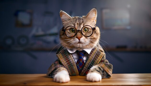 cat with round glasses and plaid suit sitting at a wooden desk looking studious