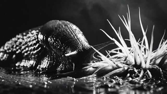 Black and white close-up of a slug feeding on a plant in a wet environment with a dark background