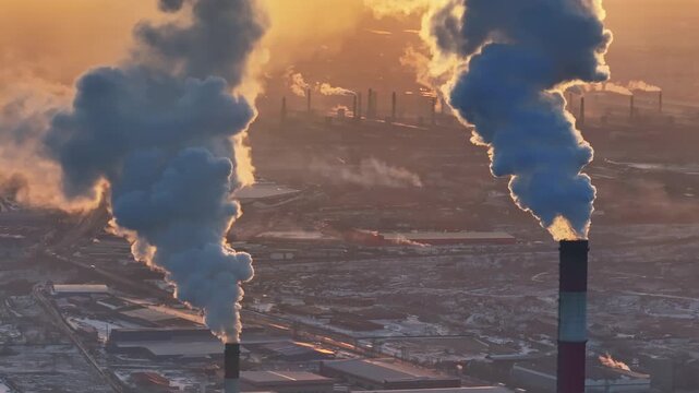 Industrial smokestacks releasing smoke at sunrise
