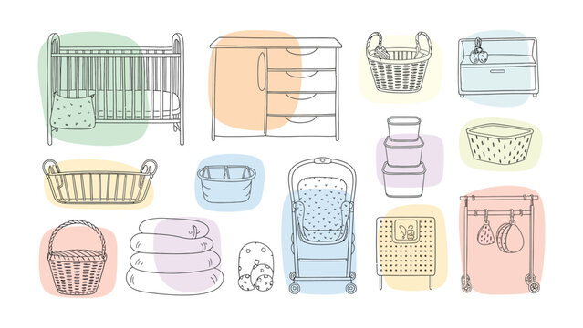 Baby Essentials Collection: An illustrated assortment of essential items for a nursery. From cozy cribs to practical storage solutions.