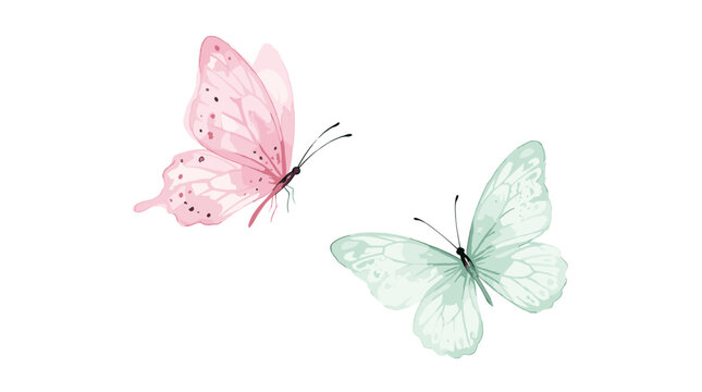 Soft Watercolor Butterflies Illustration - Elegant Pink and Mint Green Flying Insects Vector