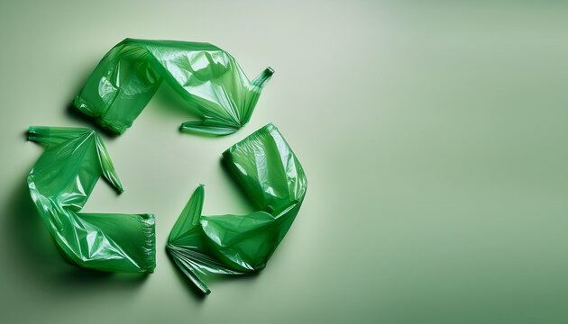 recycling symbol made from green plastic bags on muted background with copyspace