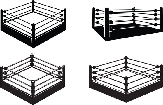 A stark black silhouette depicts a professional wrestling ring showing ropes and corner posts silhouette high quality detailed. Wrestling ring showing ropes and corner post vector illustration.