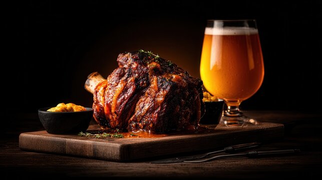 Savory baked golonka with beer sauce on a wooden board
