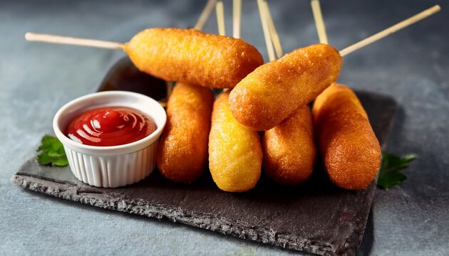 corn dogs piled with golden batter and a bowl of ketchup for dipping now